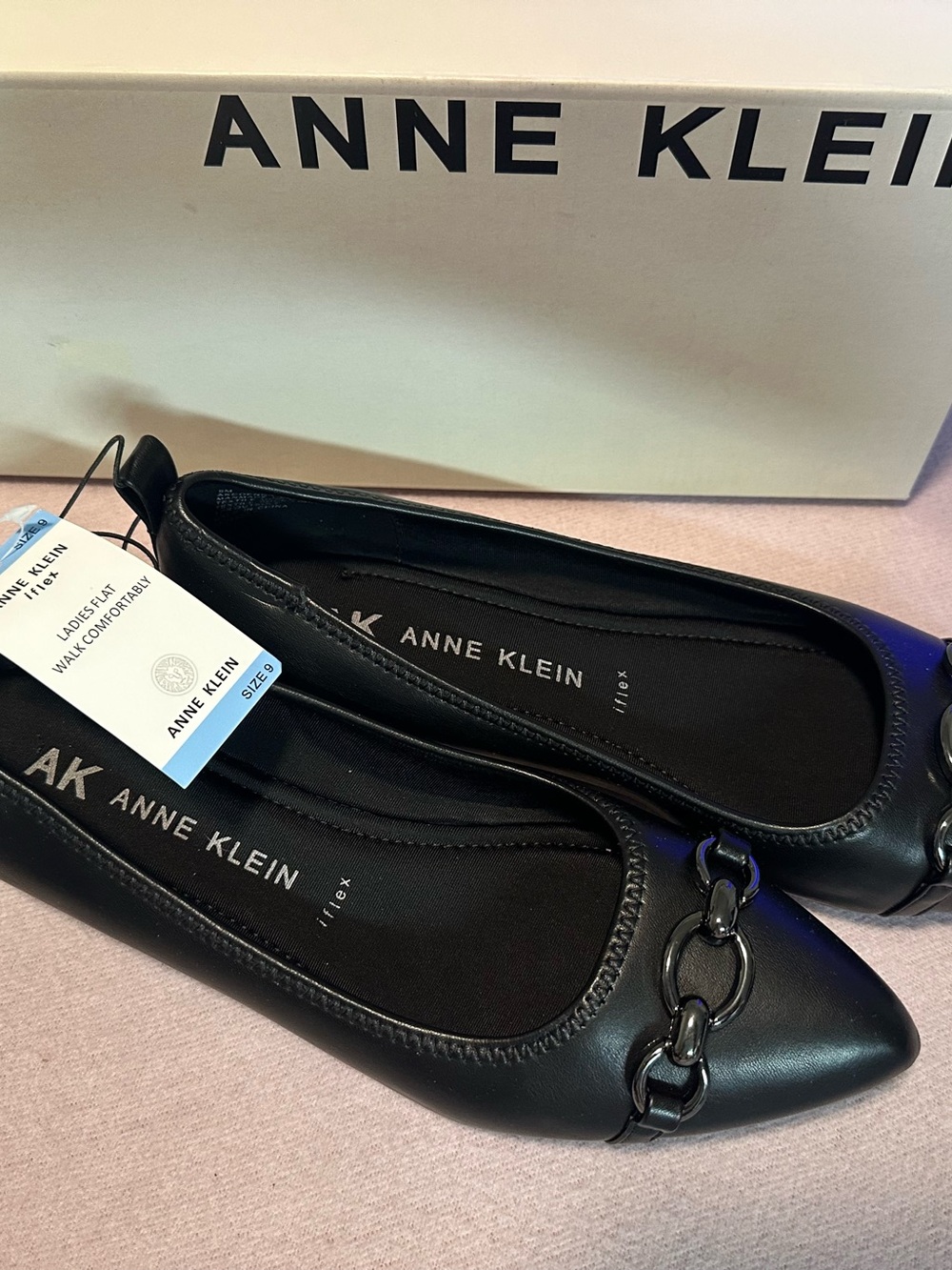 Anne Klein Black Pointed Ballet Flats with Chain Accent